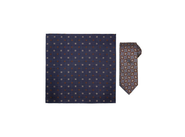 Santi silkeslips+lommetørkle mønstret sett hengende brun 