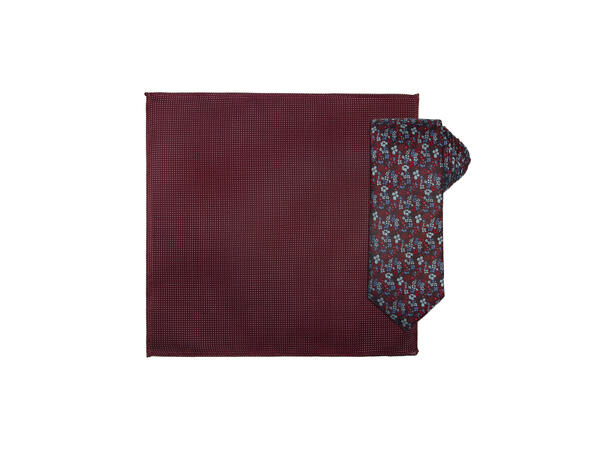 Santi silkeslips+lommetørkle mønstert* sett hengende vinrød 