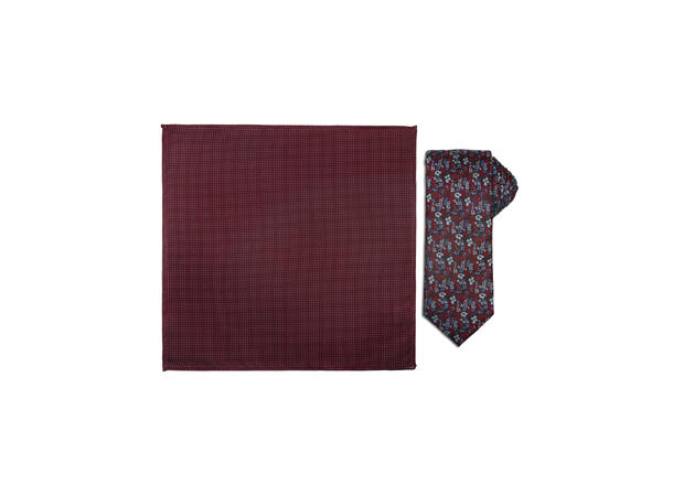 Santi silkeslips+lommetørkle mønstert* sett hengende vinrød 