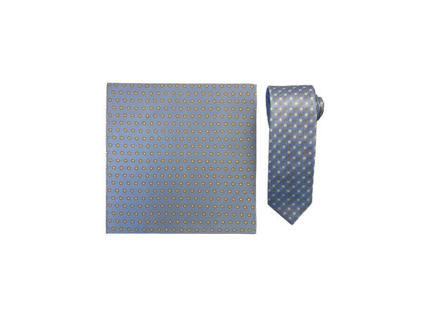 Santi silkeslips+lommetørkle mønstert sett hengende lys blå 