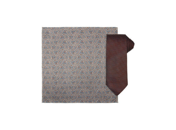 Santi silkeslips+lommetørkle mønstert sett hengende rust 