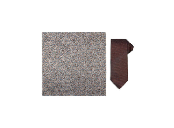 Santi silkeslips+lommetørkle mønstert sett hengende rust 