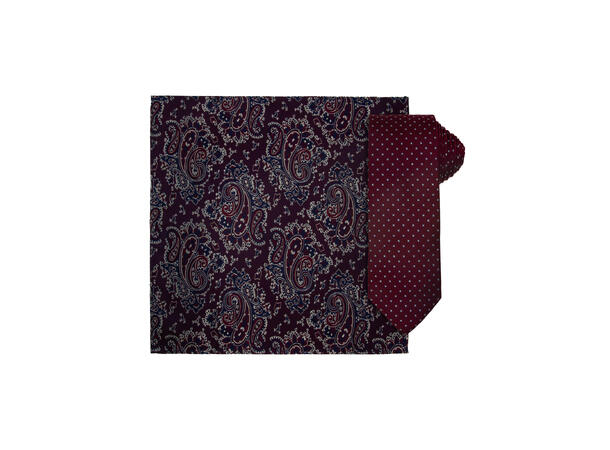 Santi silkeslips+lommetørkle mønstret sett hengende vinrød 