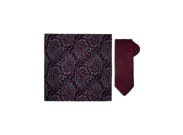 Santi silkeslips+lommetørkle mønstret sett hengende vinrød 