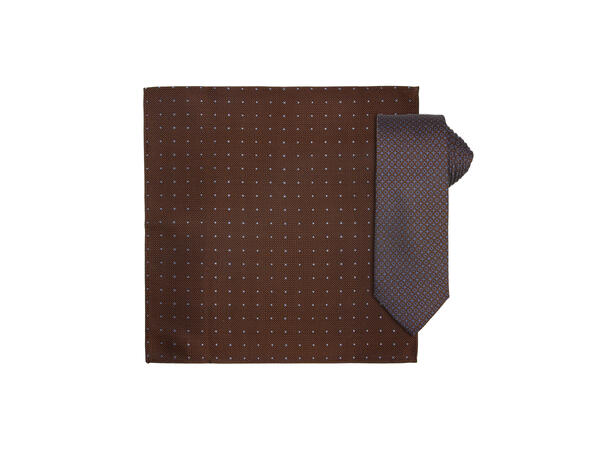 Santi silkeslips+lommetørkle mønstret sett hengende cognac 