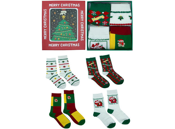 Gaveeske med Merry Christmas 4par sokker 