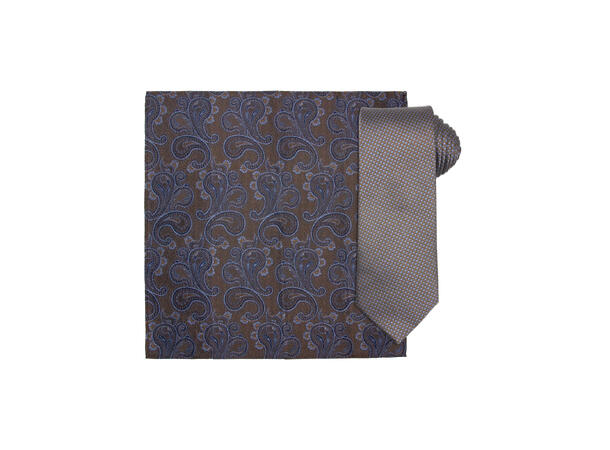 Santi silkeslips+lommetørkle mønstert sett hengende brun 