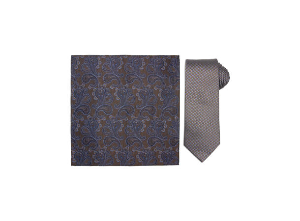 Santi silkeslips+lommetørkle mønstert sett hengende brun 