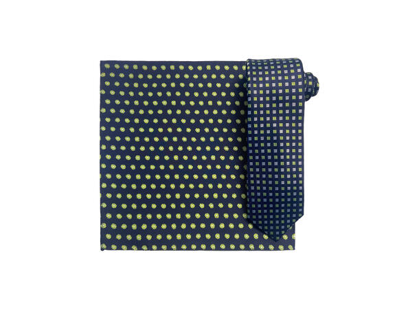 Santi silkeslips+lommetørkle mønstert sett hengende navy 