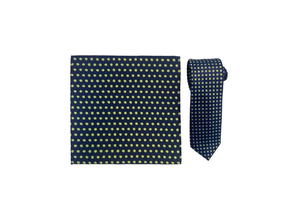 Santi silkeslips+lommetørkle mønstert sett hengende navy 
