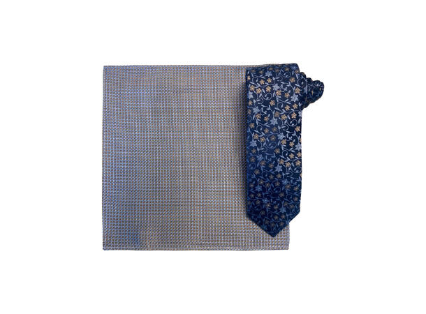 Santi silkeslips+lommetørkle mønstert sett hengende blå 