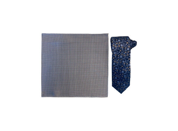 Santi silkeslips+lommetørkle mønstert sett hengende blå 