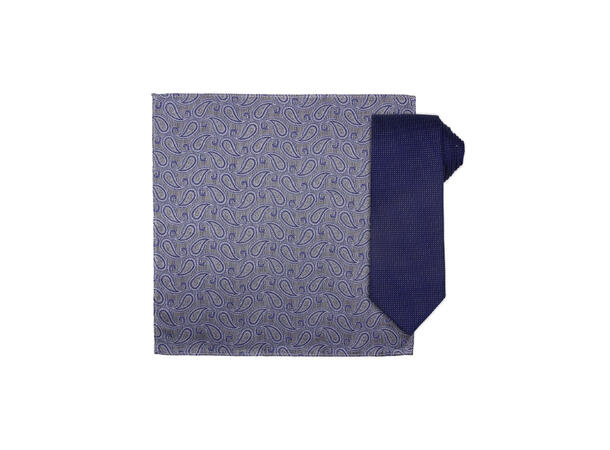Santi silkeslips+lommetørkle mønstert sett hengende blå 