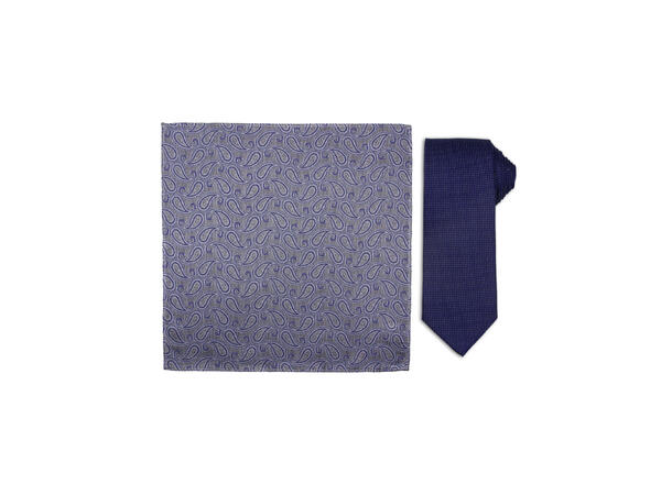 Santi silkeslips+lommetørkle mønstert sett hengende blå 