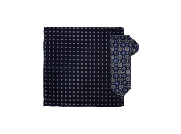 Santi silkeslips+lommetørkle mønstret sett hengende blå 