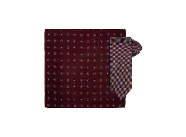 Santi silkeslips+lommetørkle mønstret sett hengende vinrød 