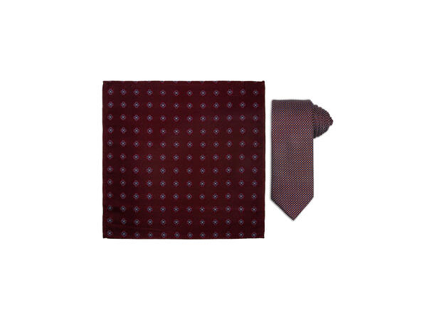 Santi silkeslips+lommetørkle mønstret sett hengende vinrød 