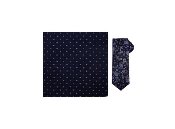Santi silkeslips+lommetørkle mønstret sett hengende navy 