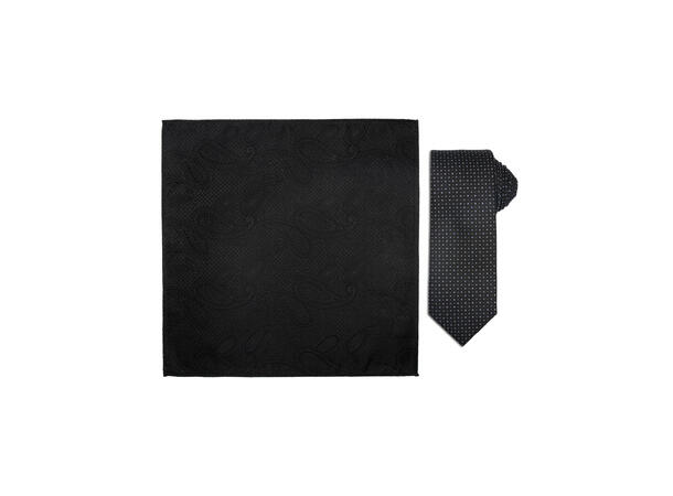 Santi silkeslips+lommetørkle mønstret sett hengende sort 