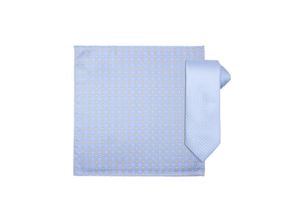 Santi silkeslips+lommetørkle mønstret sett hengende blå 