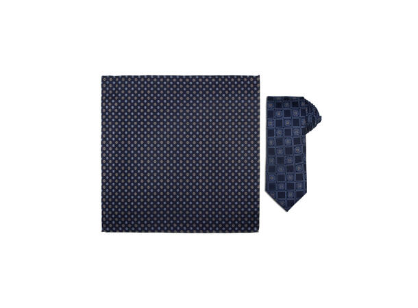 Santi silkeslips+lommetørkle mønstret sett hengende navy 