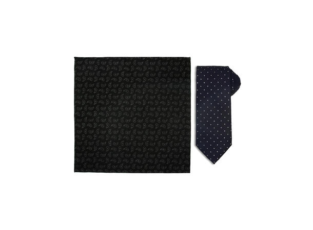 Santi 8cm silkeslips+lommetørkle mønster sett hengende sort 