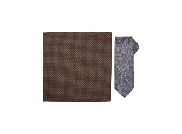 Santi silkeslips+lommetørkle mønstert* sett hengende brun 