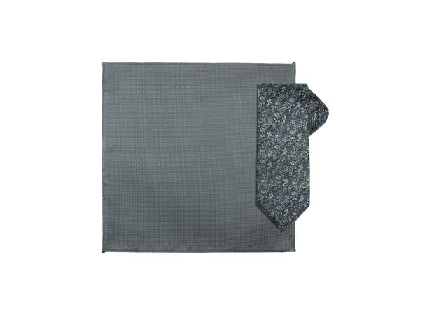 Santi silkeslips+lommetørkle mønstert* sett hengende grå 