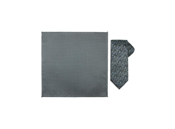 Santi silkeslips+lommetørkle mønstert* sett hengende grå 