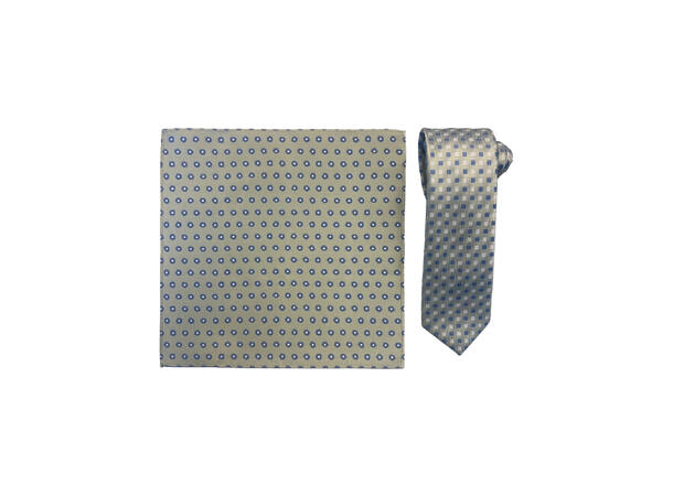 Santi silkeslips+lommetørkle mønstert sett hengende grønn 