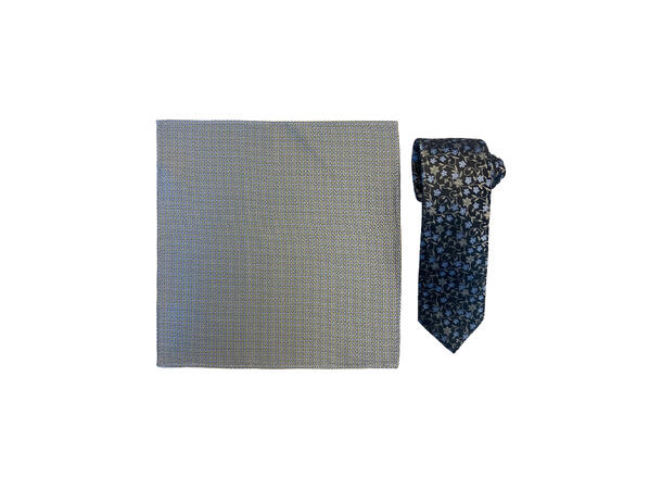 Santi silkeslips+lommetørkle mønstert sett hengende grønn 