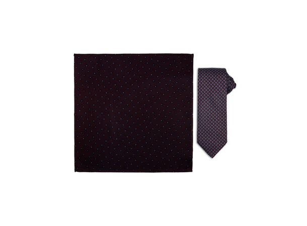 Santi silkeslips+lommetørkle mønstert sett hengende vinrød 