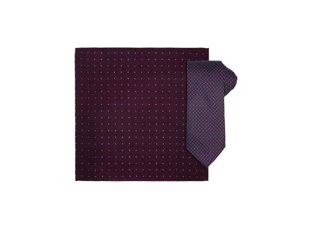 Santi silkeslips+lommetørkle mønstret sett hengende vinrød 