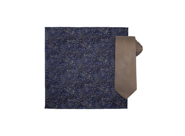 Santi silkeslips+lommetørkle mønstret sett hengende cognac 