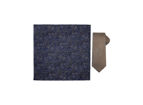 Santi silkeslips+lommetørkle mønstret sett hengende cognac 