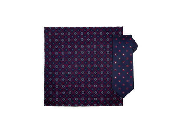 Santi silkeslips+lommetørkle mønstret sett hengende rød/navy 