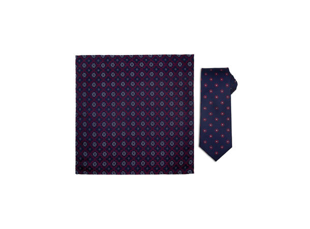 Santi silkeslips+lommetørkle mønstret sett hengende rød/navy 