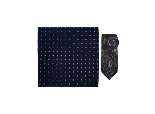Da Vinci slips+lommetørkle mønstert sett hengende blå 