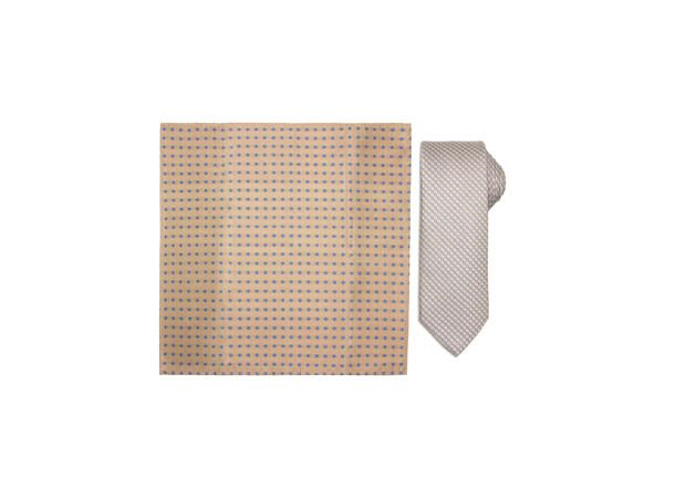 Santi silkeslips+lommetørkle mønstert sett hengende beige 