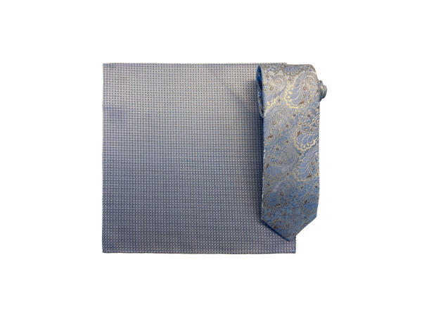 Santi silkeslips+lommetørkle mønstert sett hengende blå 