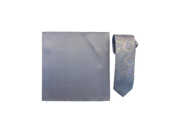 Santi silkeslips+lommetørkle mønstert sett hengende blå 