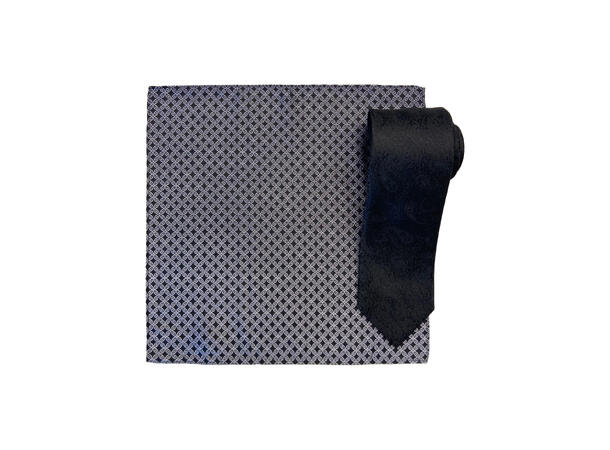 Santi silkeslips+lommetørkle mønstert sett hengende sort 