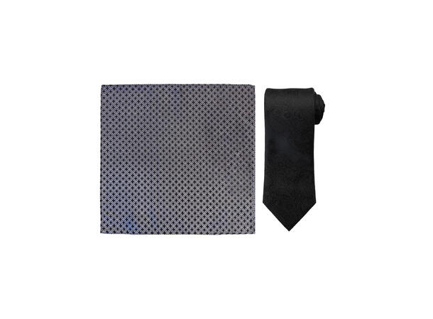 Santi silkeslips+lommetørkle mønstert sett hengende sort 