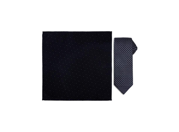 Santi silkeslips+lommetørkle mønstert sett hengende blå 