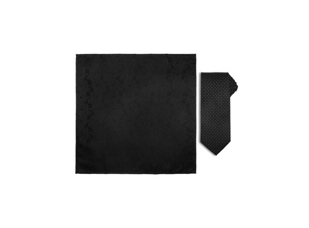 Santi silkeslips+lommetørkle mønstret sett hengende grå/sort 