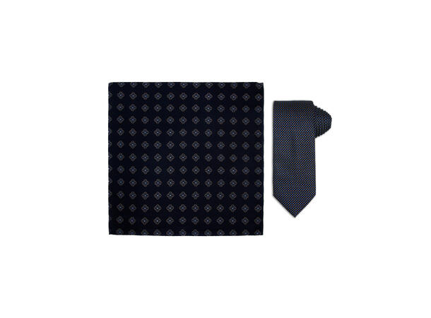 Santi silkeslips+lommetørkle mønstret sett hengende blå 