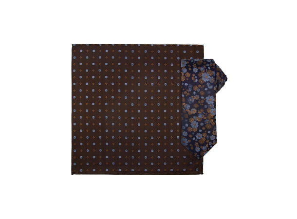 Santi silkeslips+lommetørkle mønstret sett hengende brun 