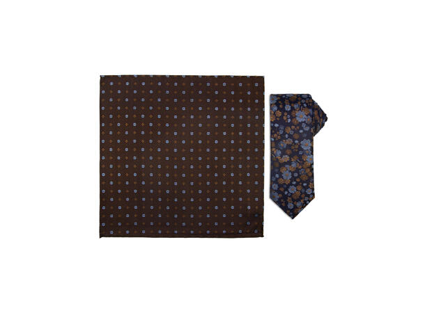 Santi silkeslips+lommetørkle mønstret sett hengende brun 