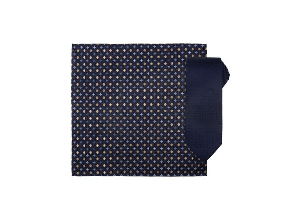 Santi silkeslips+lommetørkle mønstret sett hengende navy 