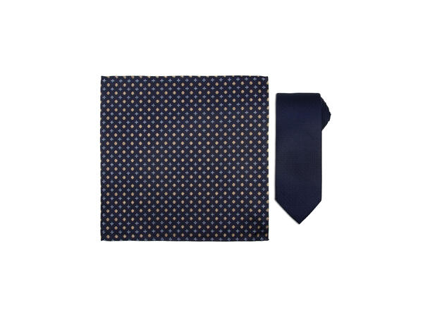 Santi silkeslips+lommetørkle mønstret sett hengende navy 